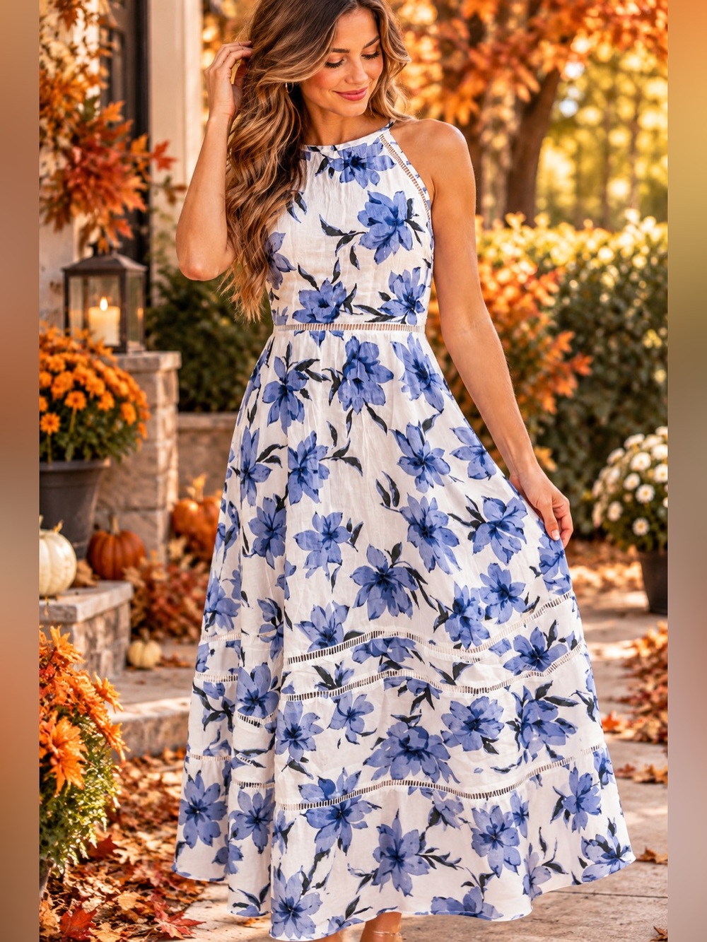 NWT Lulus Blue White Floral Ankle Maxi Dress Ladder Trim Size L